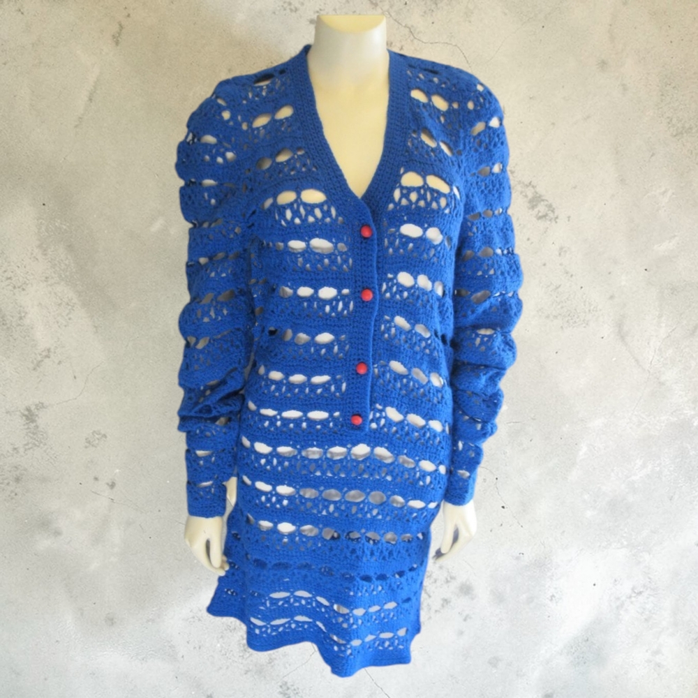Vintage 70s Bohemian Blue Crochet V -Neck Dress Hippie Cottagecore, Medium